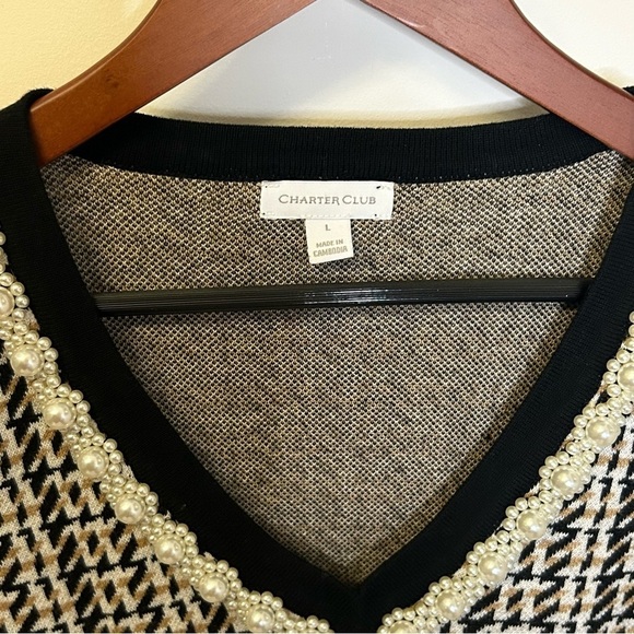 Charter Club | Pearl embellished cotton sweater | Black, White, Tan | Size L - Picture 3 of 7
